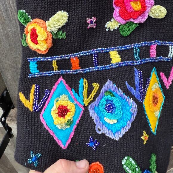 VTG BEREK 2 black ramie cotton Sweater VEST beaded chenille flowers size small - Picture 4 of 4